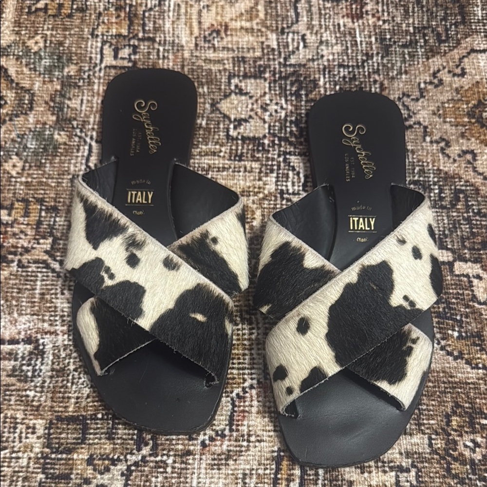 Seychelles Black and White Cow Print Sandals